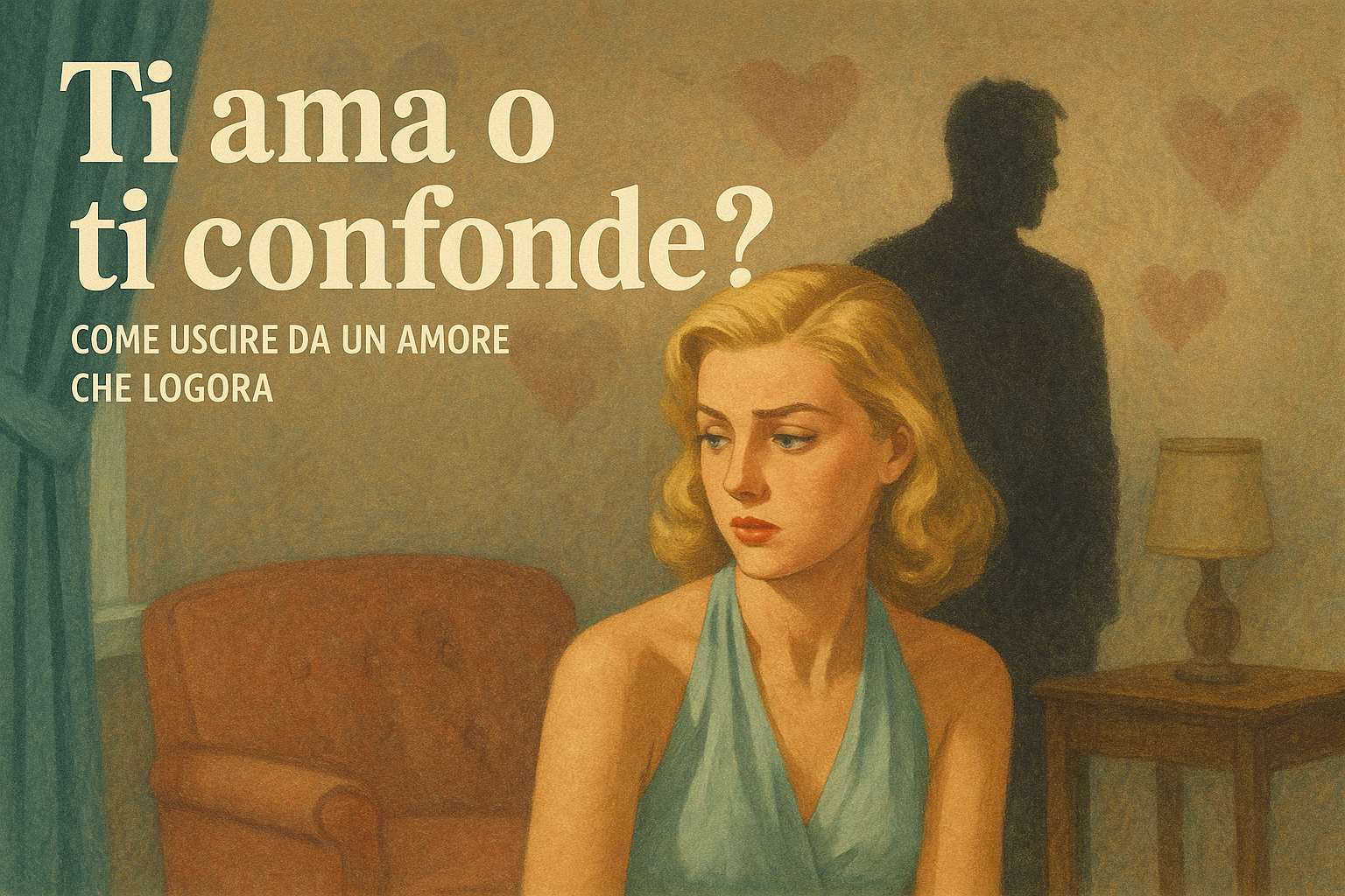 Donna bionda in stile anni ’50 guarda malinconica fuori dalla finestra, con un uomo sfocato sullo sfondo – illustrazione simbolica di un amore che confonde.
